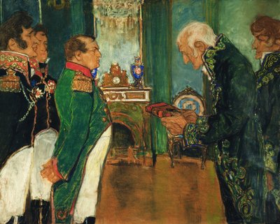 Jean-Baptiste de Lamarck überreicht das Buch Zoologische Philosophie an Kaiser Napoleon Bonaparte, 1920 von Mikhail Dmitrievich Ezuchevsky